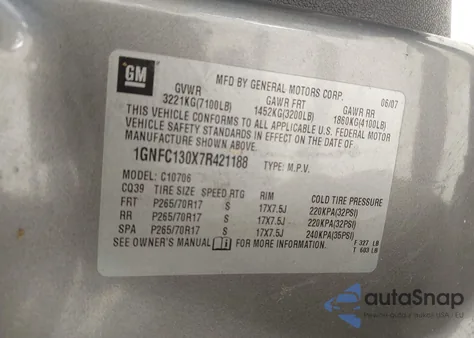 2007 Chevrolet Tahoe Lt from USA, damaged, VIN 1GNFC130X7R421188